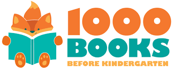 Cartoon fox reading a teal book with "1000 BOOKS BEFORE KINDERGARTEN" written beside it.