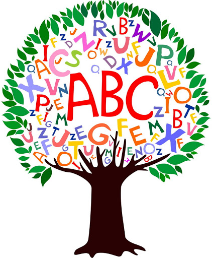 A tree with green leaves and letters forming the canopy, highlighting "ABC" in the center.