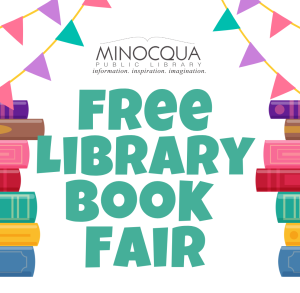 Poster for a Free Library Book Fair, featuring colorful stacks of books and triangular flags.