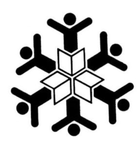 A symmetrical black and white snowflake design made of human-like figures and geometric elements.