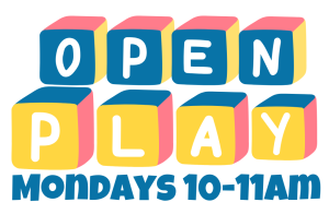 "OPEN PLAY" with schedule "Mondays 10-11AM," depicted using block graphics.