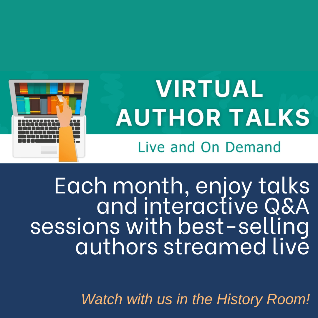 Poster for Virtual Author Talks with images of four authors and registration details. Each month, enjoy talks and interactive Q&A sessions with bestselling-authors streamed live. Register at libraryc.org/minocqualibrary.